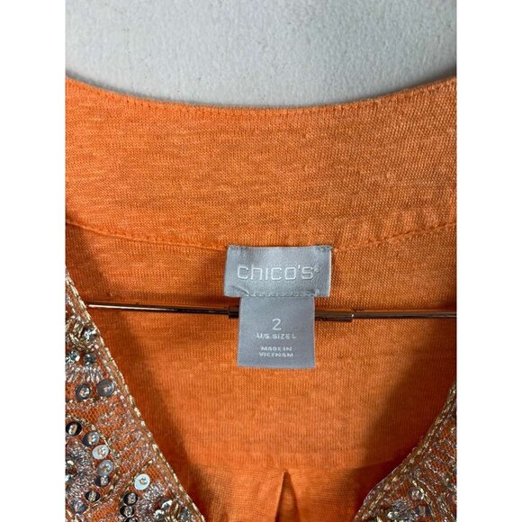 Chico’s Women’s 3/4 Sleeve Linen Beaded Embellished Tunic Top Orange Size L - Picture 6 of 10